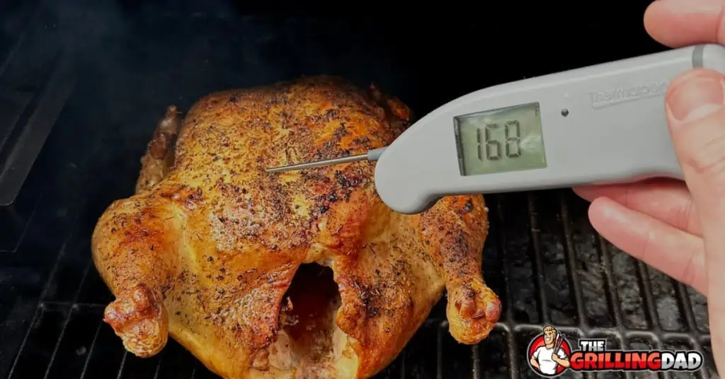 checking temp on a smoked chicken