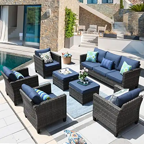 ovios Patio Furniture Set 7 PCS High Back Sofa Outdoor Conversation Sets All Weather Wicker Patio Couch and Chairs